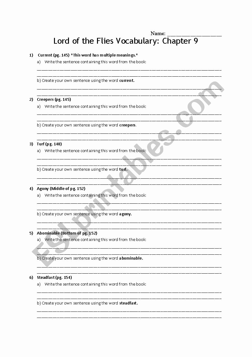 Lord Of the Flies Worksheets Fresh Lord Of the Flies Chapter 9 Vocabulary Worksheet Esl