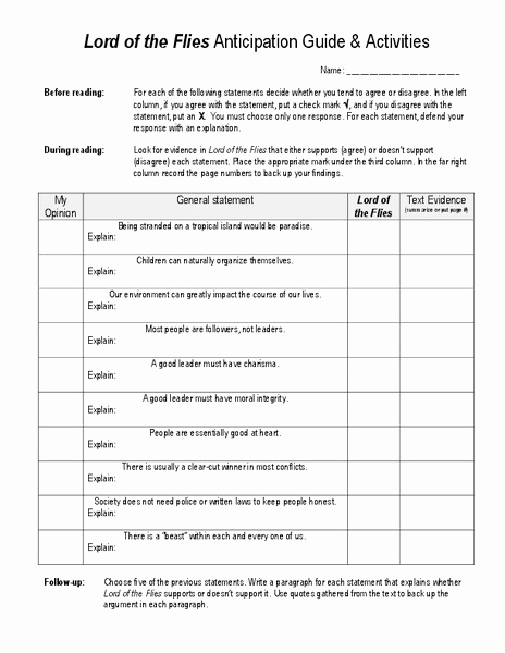 Lord Of the Flies Worksheets Lovely Lord Of the Flies Anticipation Guide and Activities