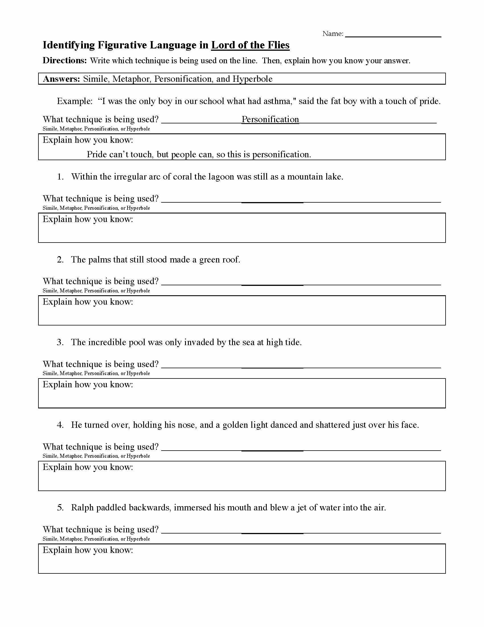 Lord Of the Flies Worksheets New Figurative Language Worksheet Lord Of the Flies