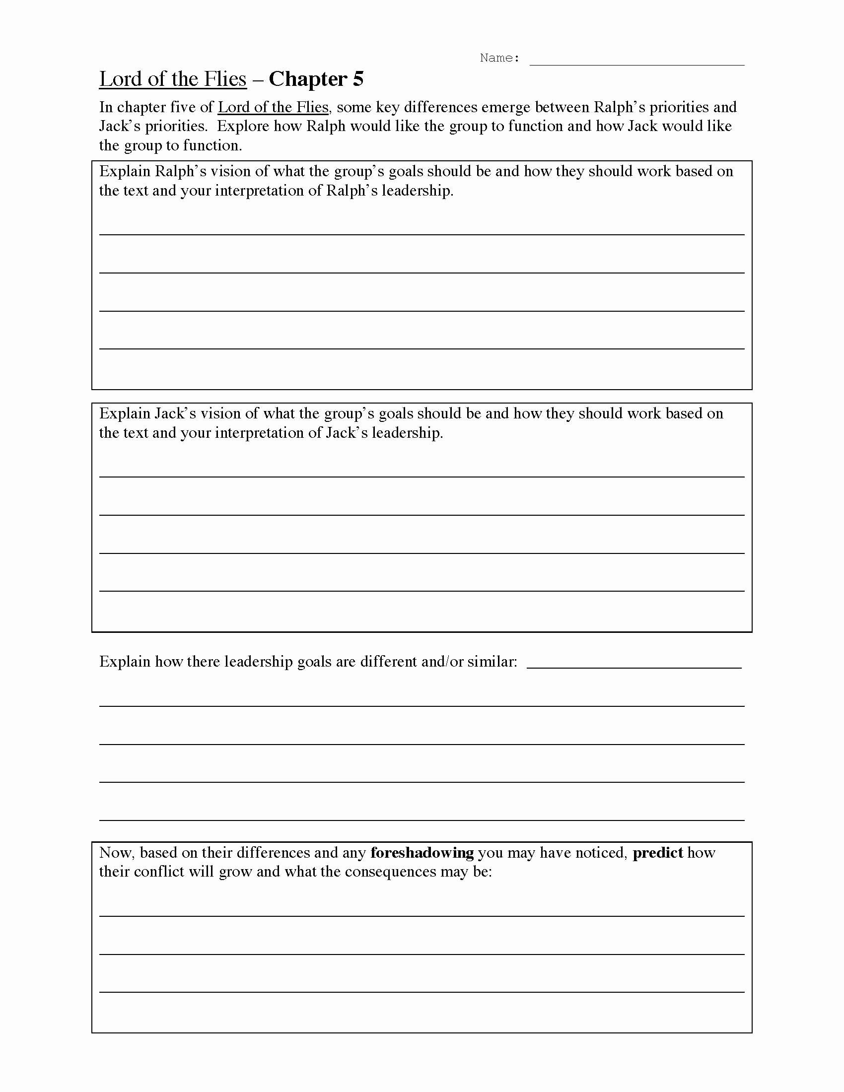 Lord Of the Flies Worksheets Unique Lord Of the Flies Chapter Five Worksheet
