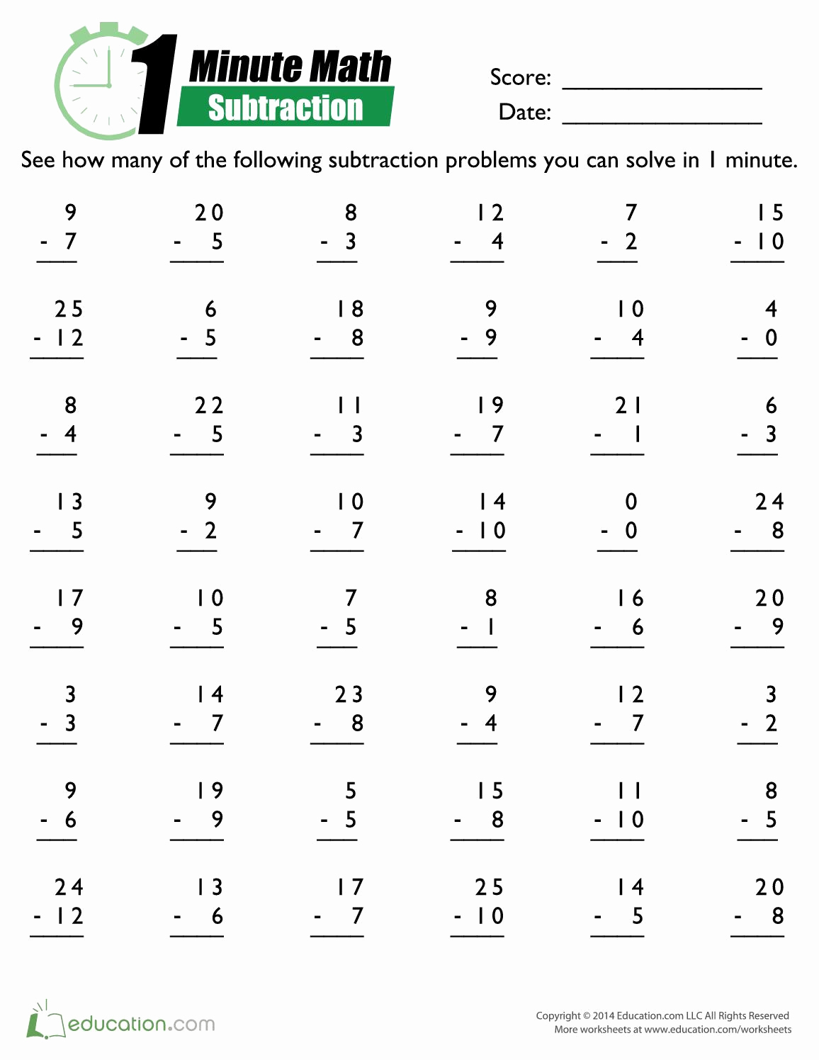 Mad Minute Subtraction Worksheets Awesome Minute Math Subtraction