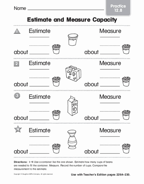 Measurement Estimation Worksheets Lovely Estimate and Measure Capacity Worksheet for 2nd Grade