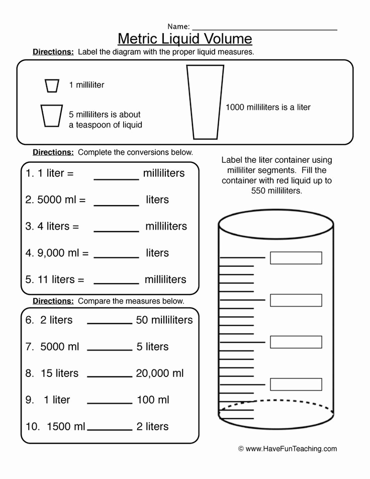 Measurement Volume Worksheets Luxury Measuring Liquid Volume Worksheet Metric Liquid Volume