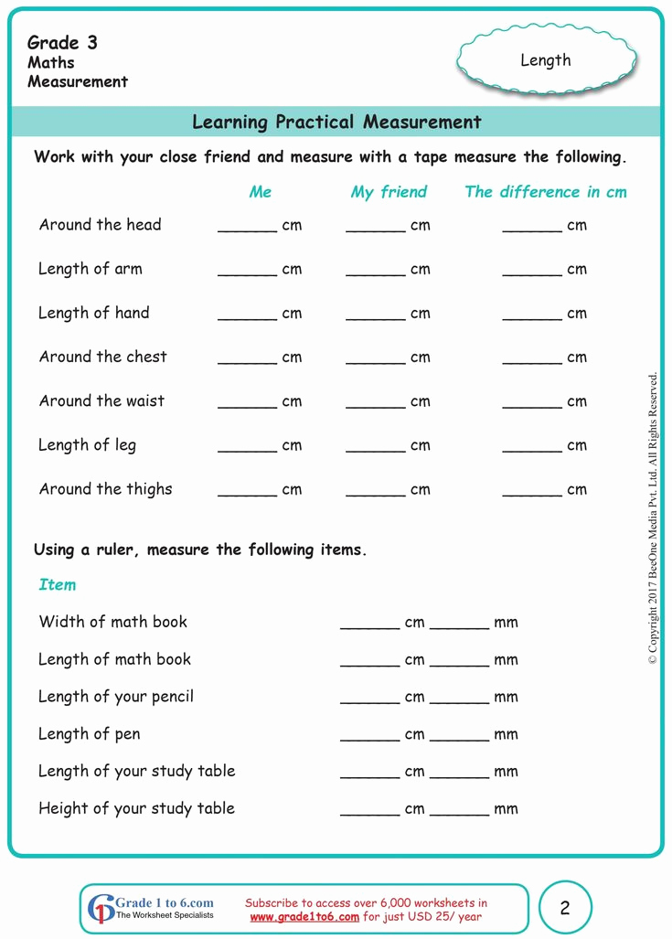 Measurement Worksheets for 3rd Grade Elegant Measurement Worksheet Grade 1 In 2020