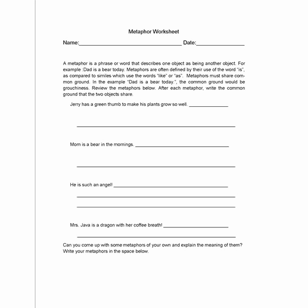 Metaphor Worksheet Middle School Luxury 16 Best Of Middle School Language Worksheets
