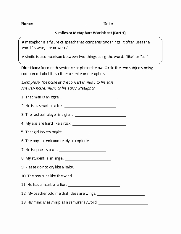 Metaphor Worksheet Middle School Unique Similes Worksheet Similes or Metaphors Part 1 Intermediate