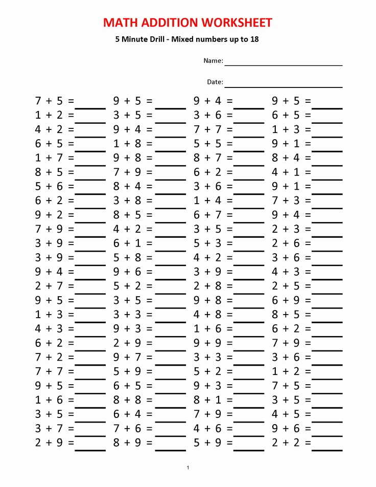 Minute Math Worksheets 1st Grade Lovely Addition 5 Minute Drill H 10 Math Worksheets with