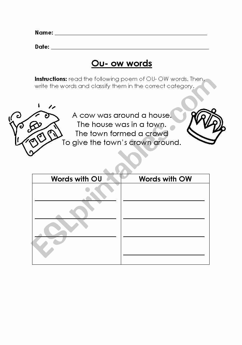 Ou Ow Worksheets 3rd Grade Best Of Ou and Ow Worksheet English Worksheets Ou Ow Words In 2020