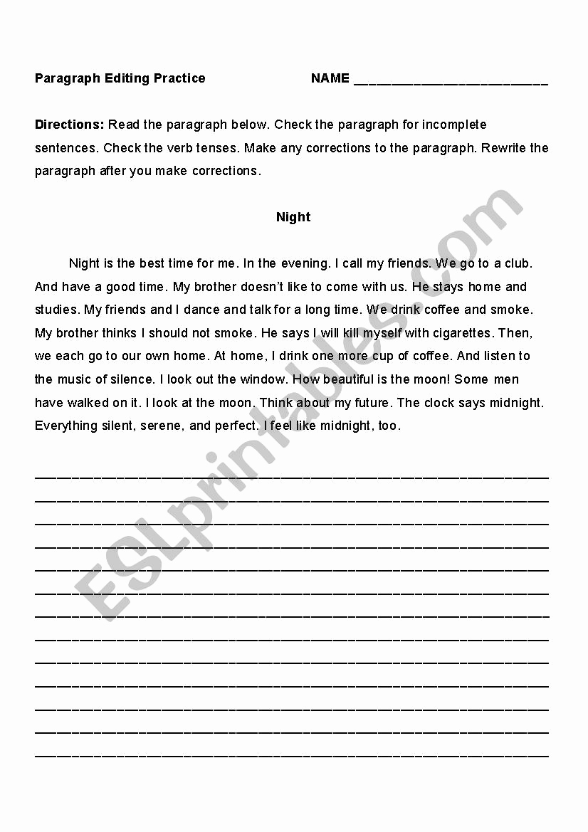 Paragraph Editing Worksheet Fresh Paragraph Editing Practice Night Esl Worksheet by