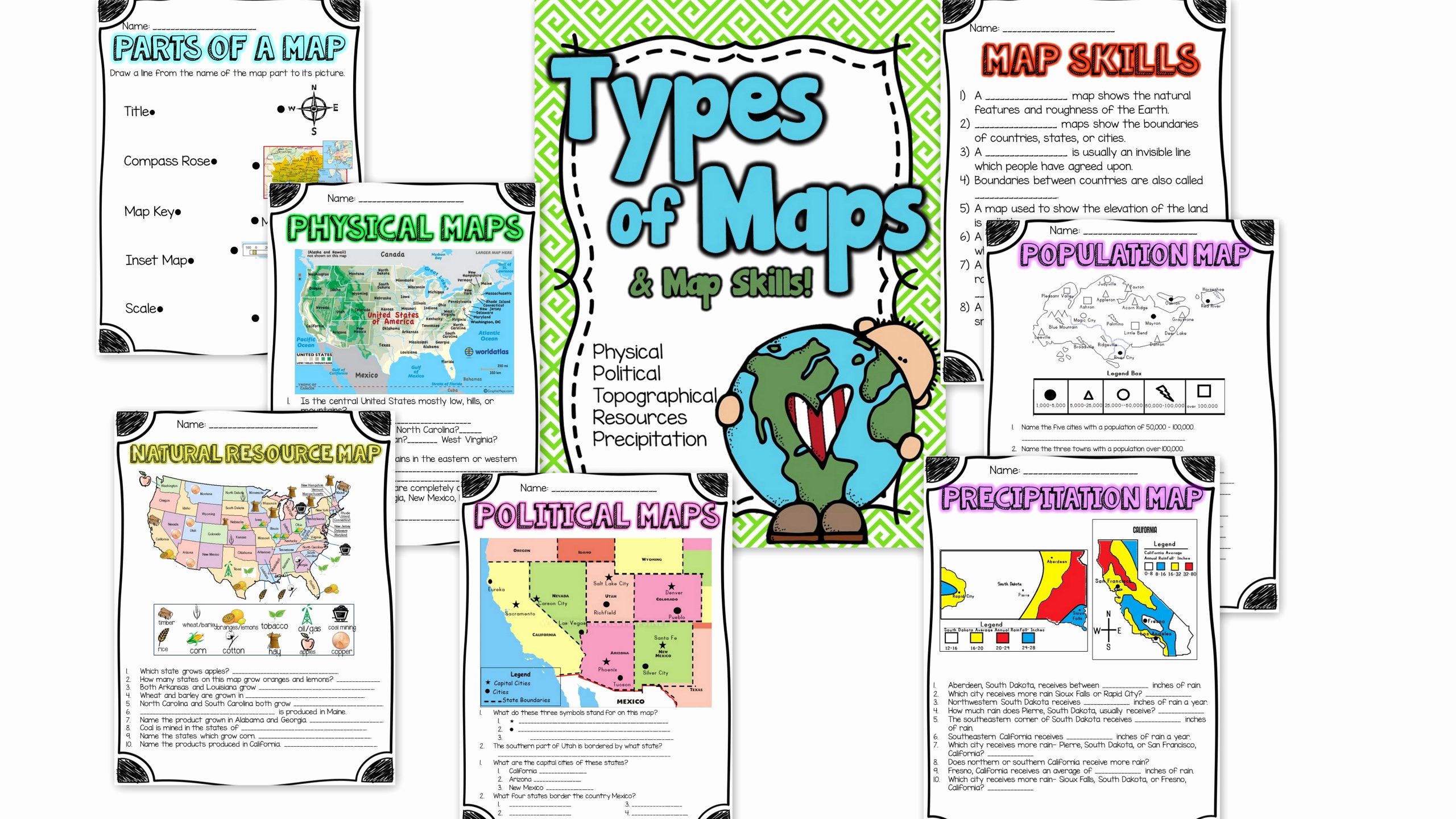 Physical and Political Maps Worksheets Luxury Types Of Maps and Map Skills Pack social Stu S Grades 2