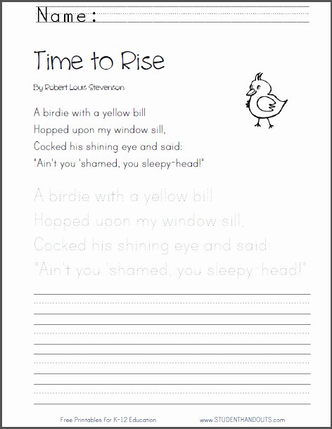 Poetry Practice Worksheets Awesome Time to Rise by Robert Louis Stevenson Free Printable