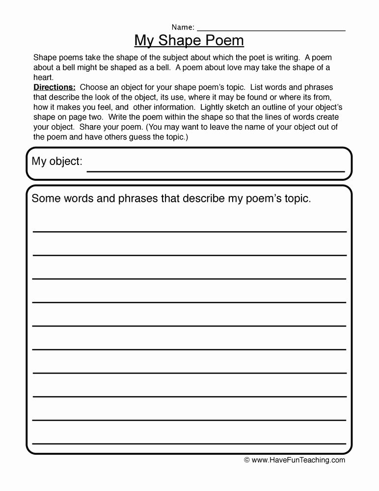 Poetry Practice Worksheets Fresh My Shape Poem Shape Poem Worksheet 2