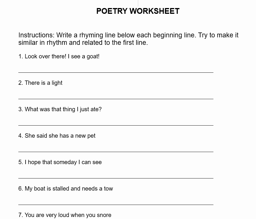 Poetry Practice Worksheets Fresh Poetry Worksheet Writing Rhyming Lines