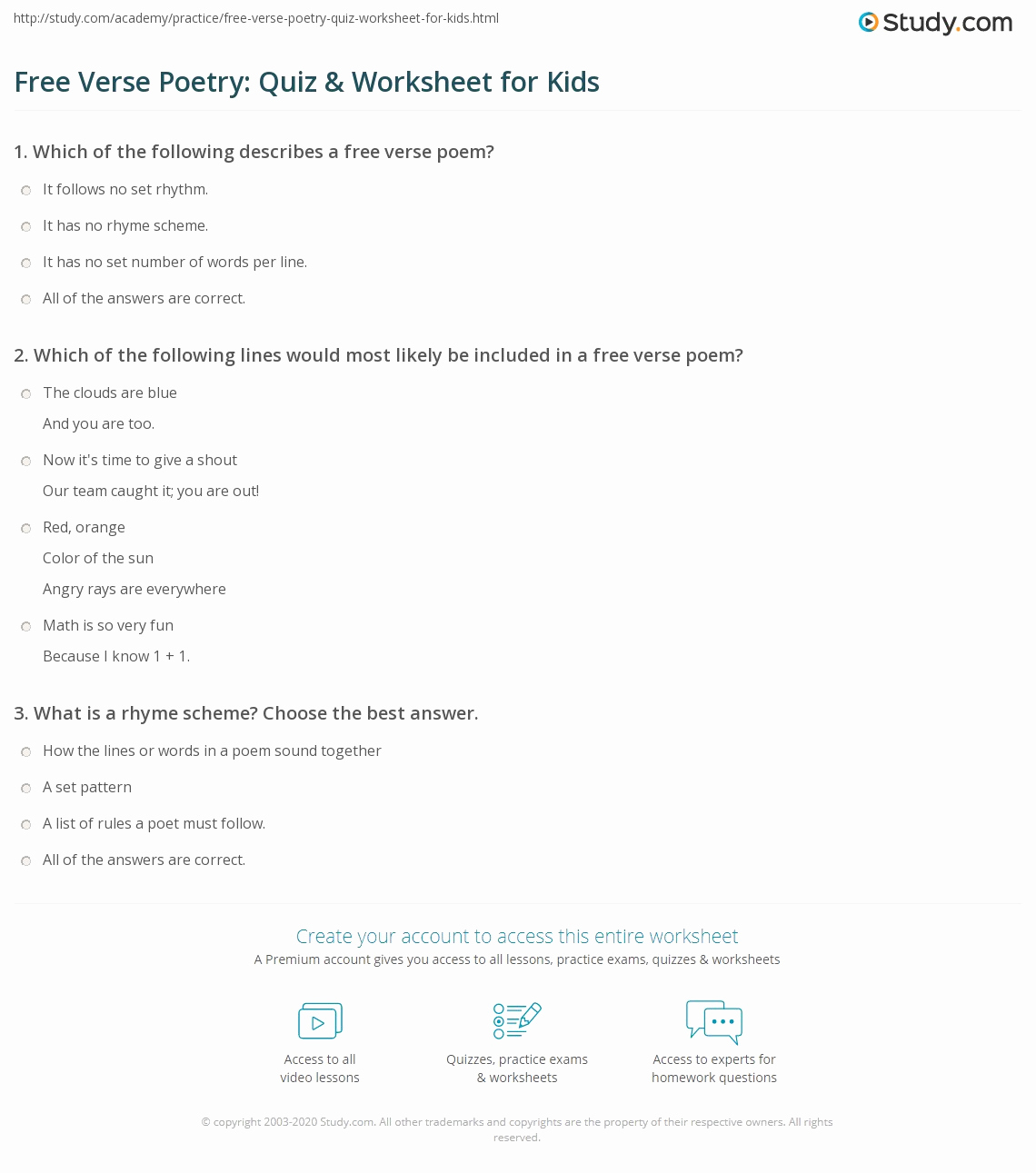 Poetry Practice Worksheets Unique Free Verse Poetry Quiz &amp; Worksheet for Kids