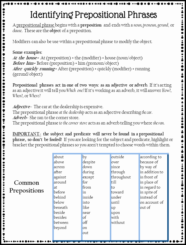 Preposition Worksheets Middle School Elegant Prepositional &amp; Infinitive Phrases Middle School Grammar