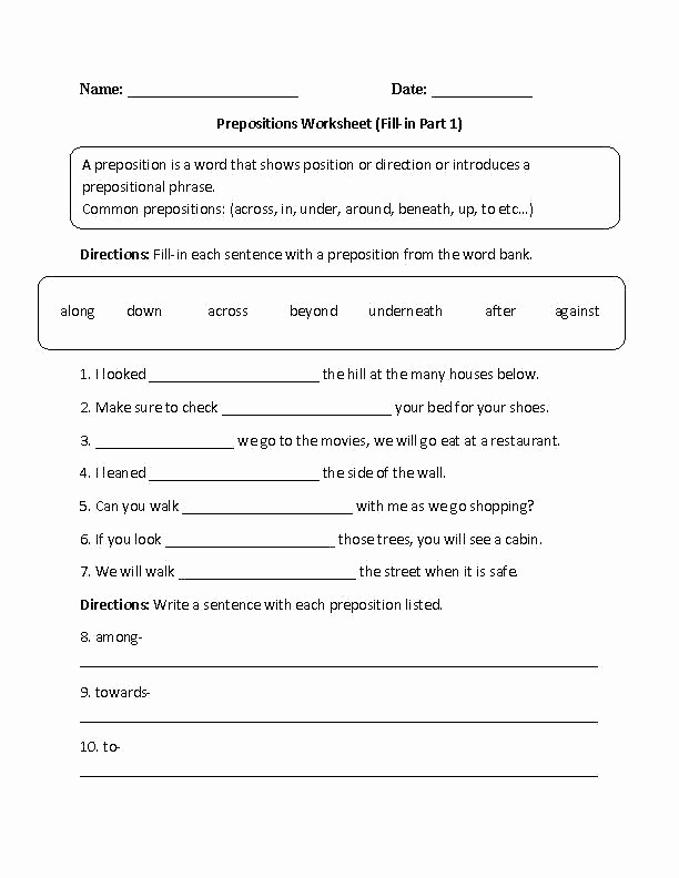 Preposition Worksheets Middle School Luxury Prepositional Phrases Worksheet 6th Grade 8 Writing