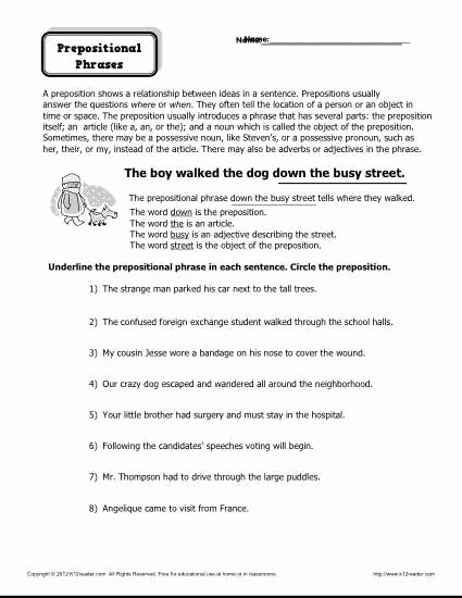 Prepositions Worksheets Middle School Awesome Preposition Worksheets for Middle School In 2020