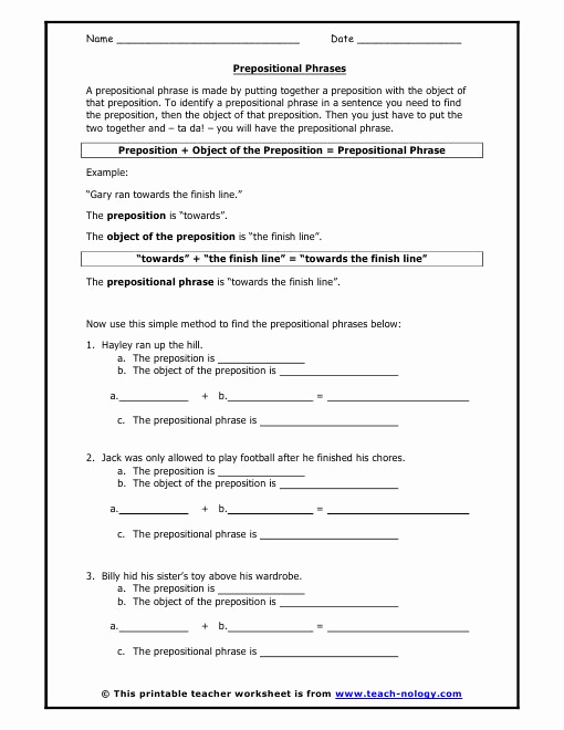 Prepositions Worksheets Middle School Lovely Prepositional Phrases Language Arts and Worksheets On