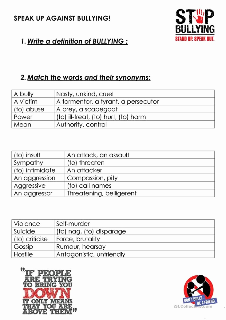 Printable Bullying Worksheets Awesome Bullying Vocabulary Worksheet Free Esl Printable