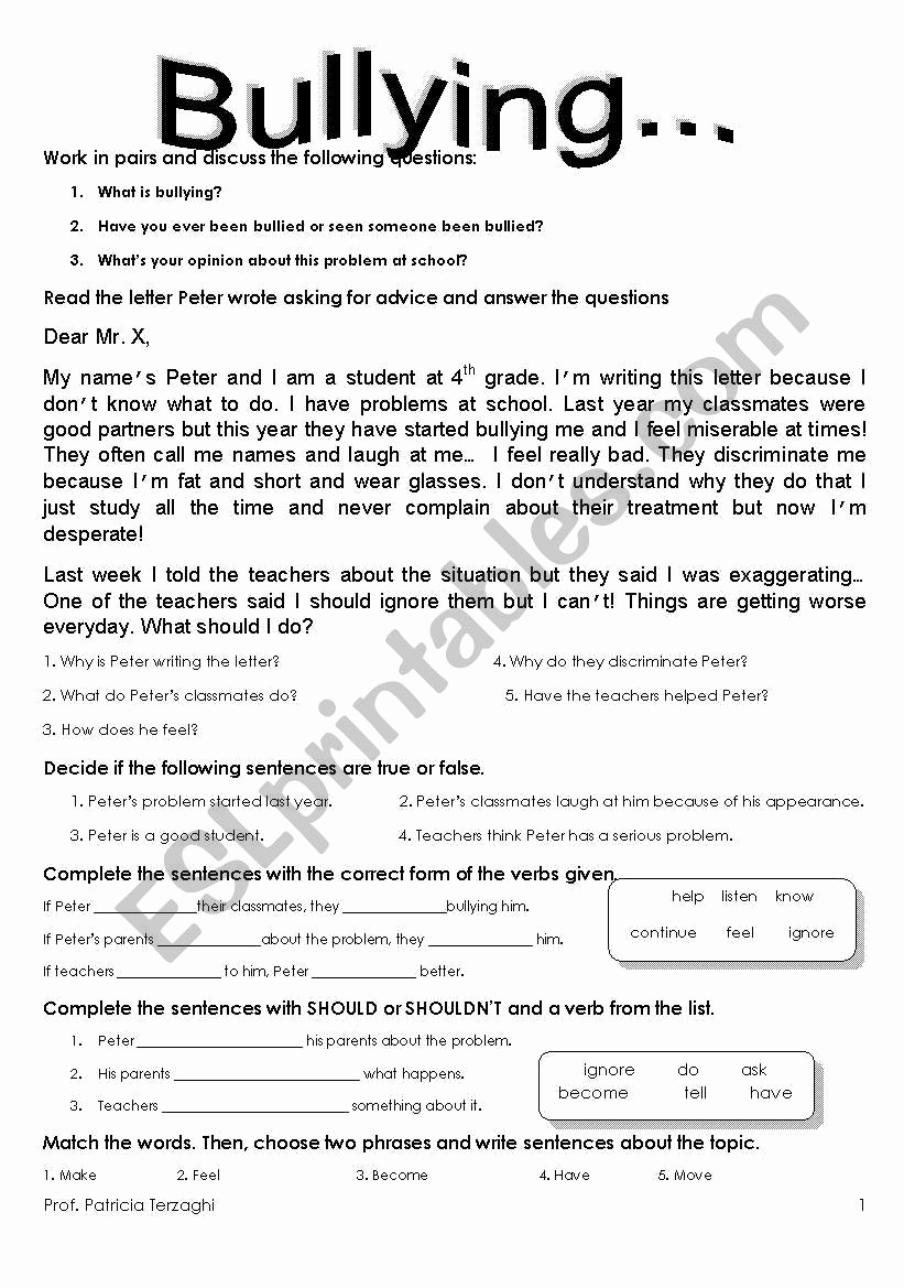 Printable Bullying Worksheets Lovely Bullying 1 5 09 Esl Worksheet by Tricia973