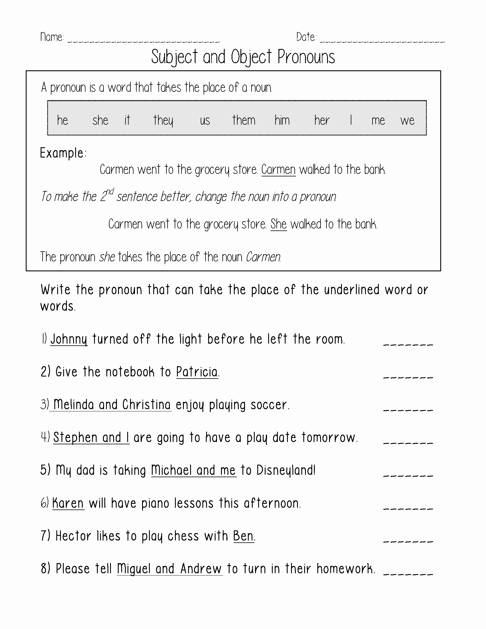 Pronoun Worksheet for 2nd Grade Best Of Free Printable Pronoun Worksheets for 2nd Grade