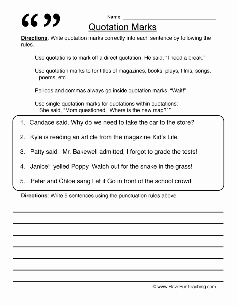 Quotation Worksheets 4th Grade Lovely Quotation Marks Worksheet Fourth Grade Geo Kids