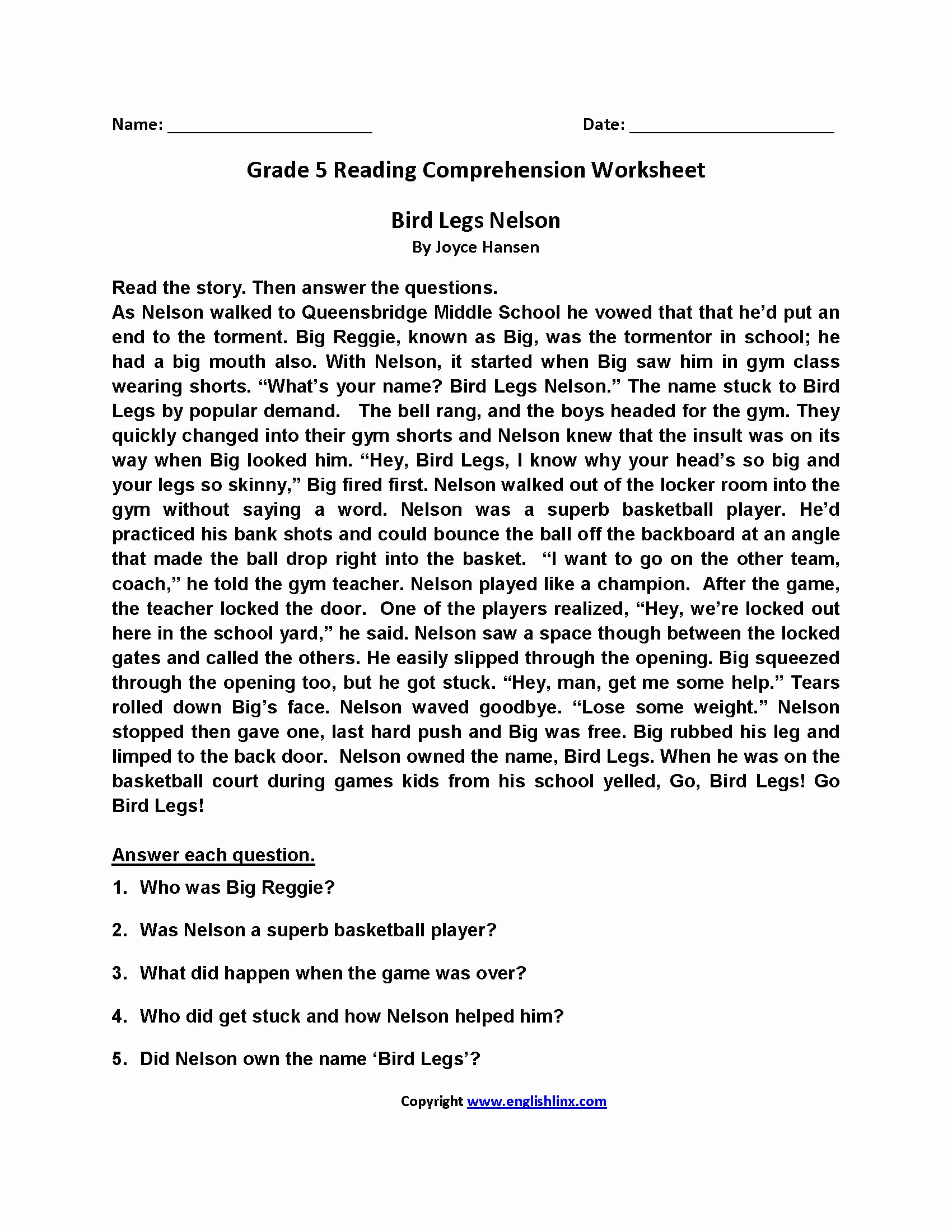 Reading Worksheets 5th Grade New Grade 5 Reading Prehension Worksheets Pdf