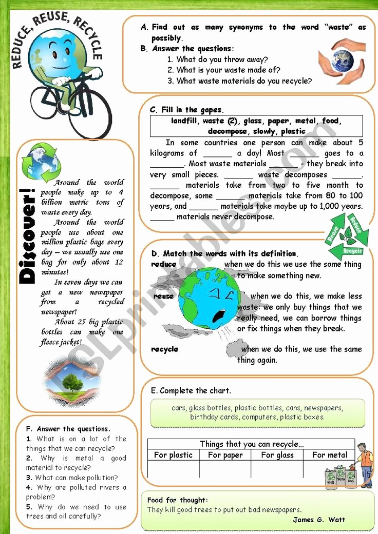 Recycling Worksheets for Middle School Lovely Reuse Reduce Recycle Esl Worksheet by Roseroserose In