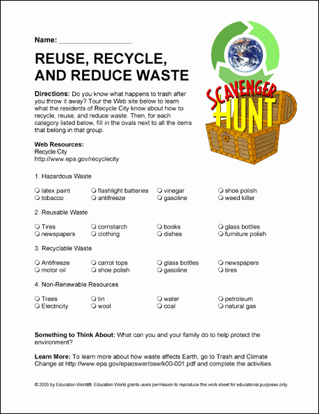 Recycling Worksheets for Middle School Unique Internet Scavenger Hunt World Of Recycle