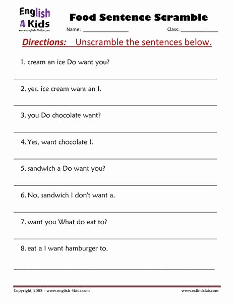 Scrambled Sentences Worksheets 2nd Grade Elegant Scrambled Food Sentences Worksheet for 2nd Grade