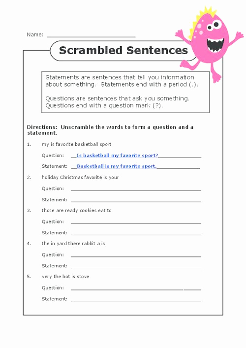 Scrambled Sentences Worksheets 2nd Grade Unique Scrambled Sentences