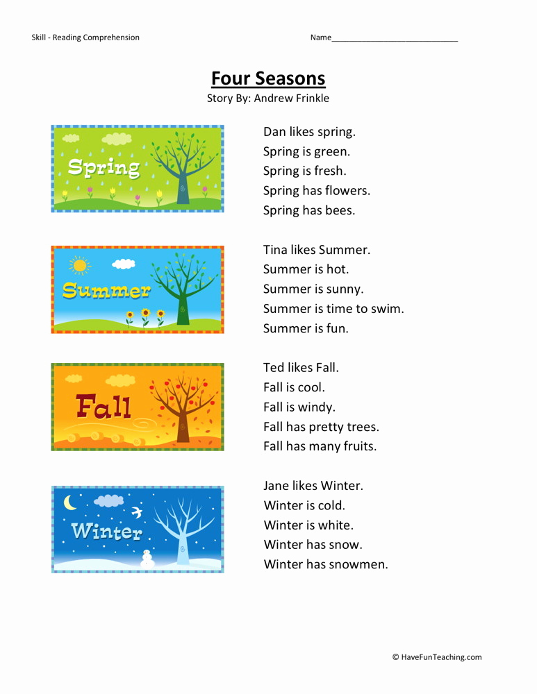 Seasons Worksheets for First Grade Elegant Reading Prehension Worksheet Four Seasons