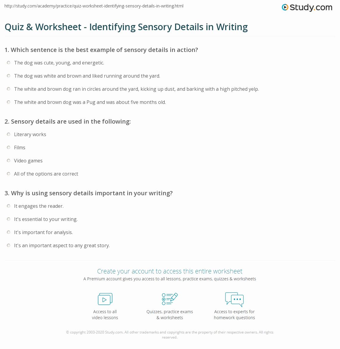 Sensory Detail Worksheet Luxury Quiz &amp; Worksheet Identifying Sensory Details In Writing