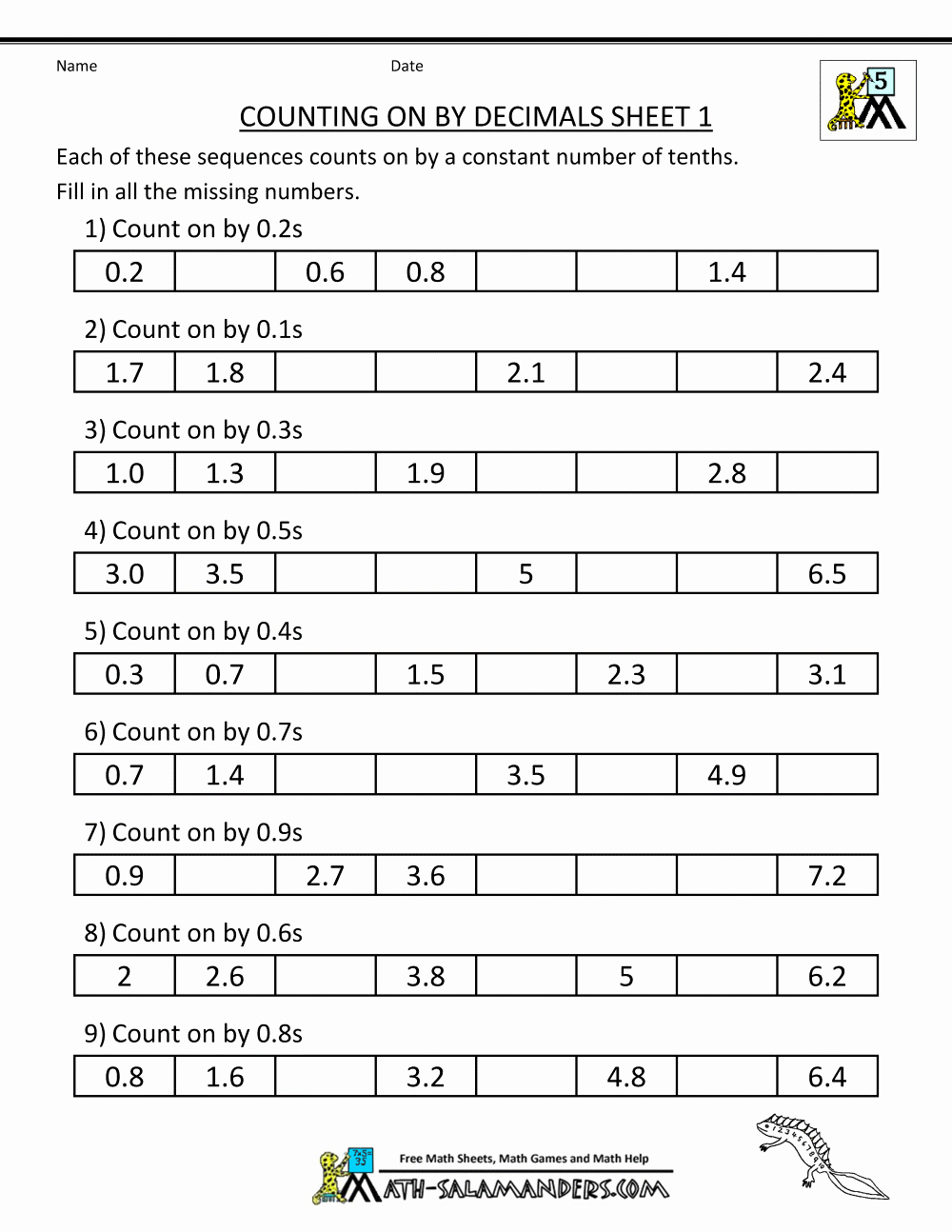 Sequence Worksheets 5th Grade Luxury Counting by Decimals