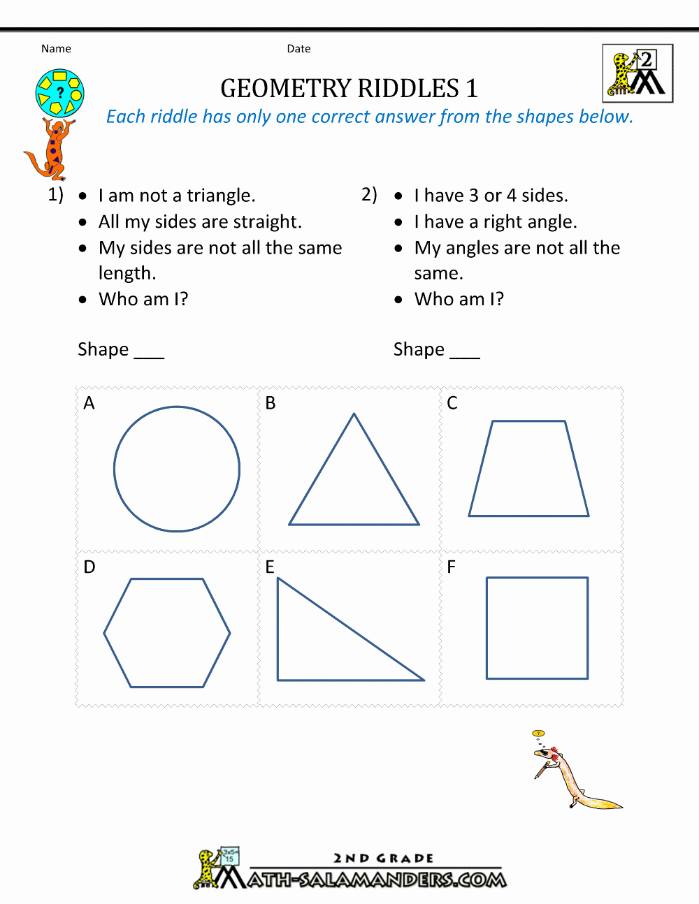 Shapes Worksheets 2nd Grade Fresh Free Geometry Worksheets 2nd Grade Geometry Riddles