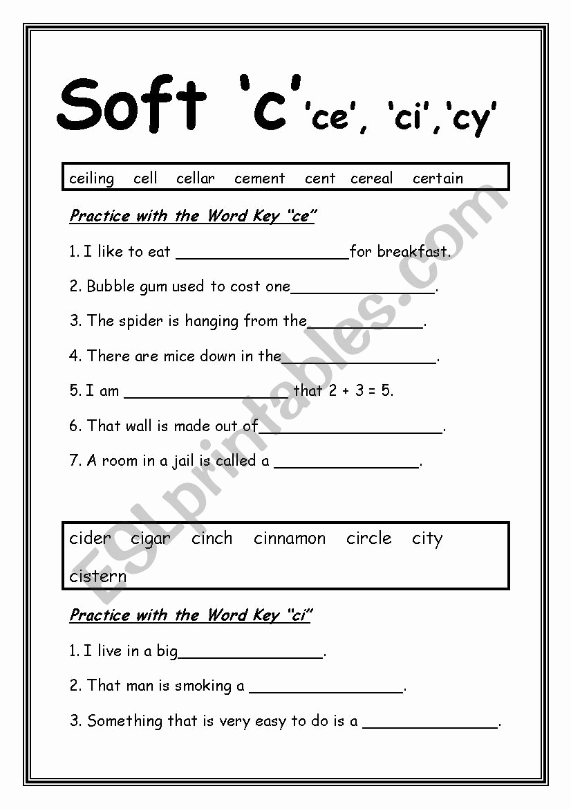Soft C Words Worksheets Inspirational soft &quot;c&quot; Practice Esl Worksheet by Woylie1