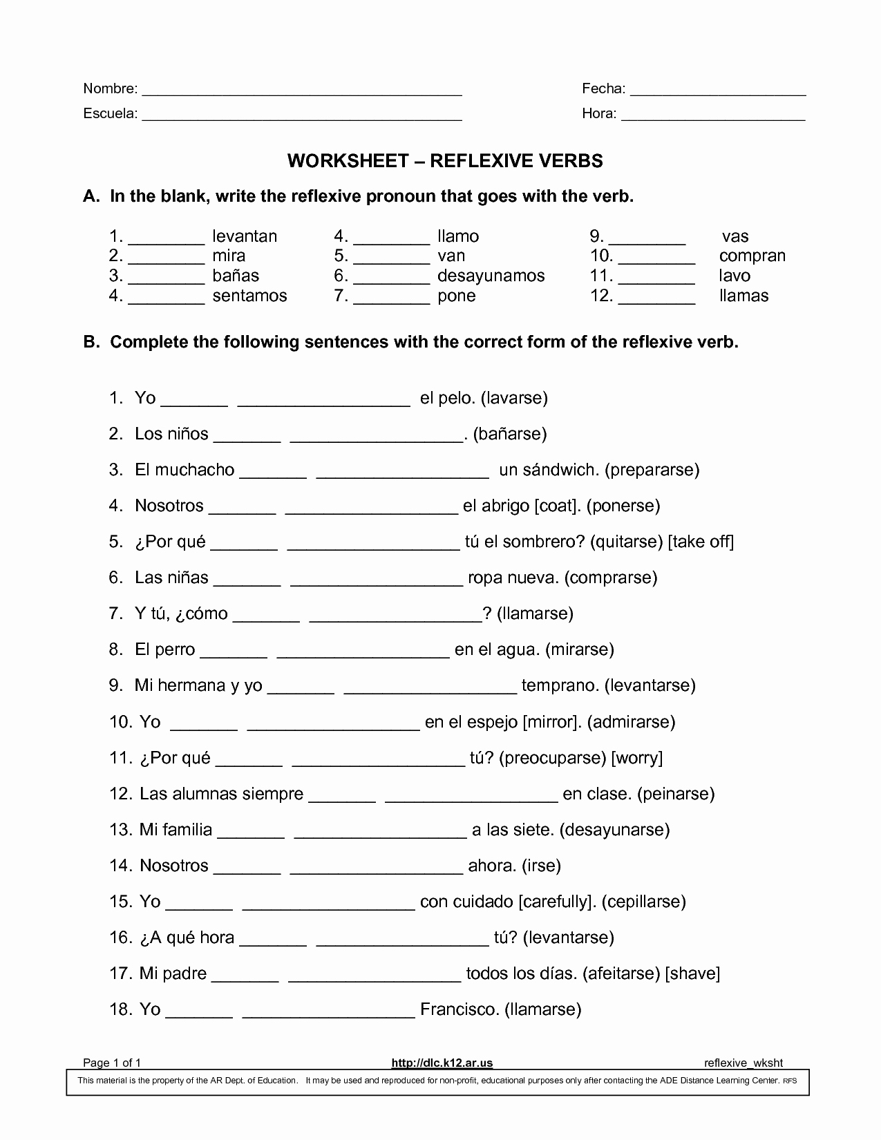 Spanish Reflexive Verbs Worksheet Printable Awesome 26 Reflexive Verbs Spanish Worksheet Worksheet Project List