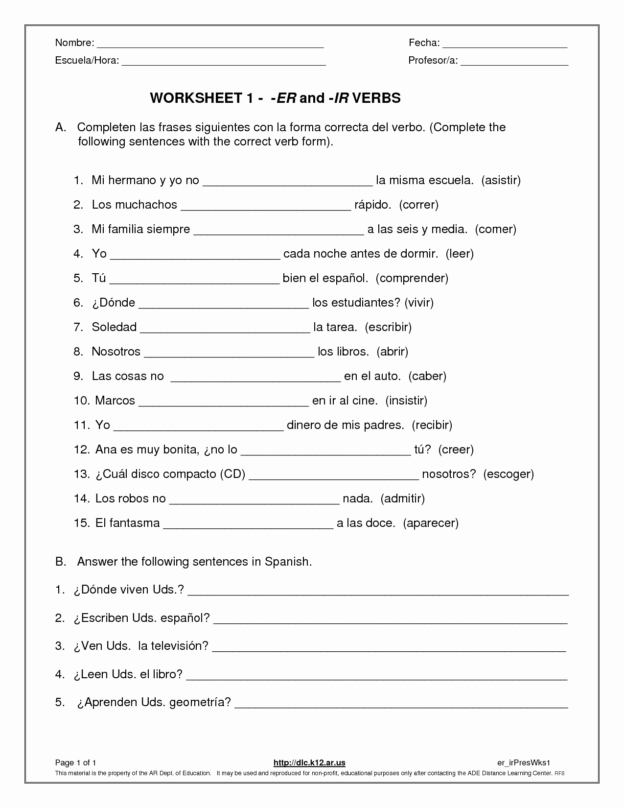 Spanish 2 Reflexive Verbs Conjugation Worksheet Answer Key