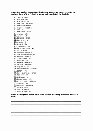 Spanish Reflexive Verbs Worksheet Printable Elegant Spanish Reflexive Verb Worksheet