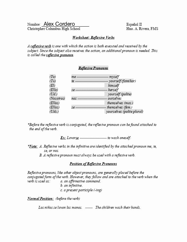 Spanish Reflexive Verbs Worksheet Printable Fresh Spanish Reflexive Verbs Worksheet Printable Reflexive