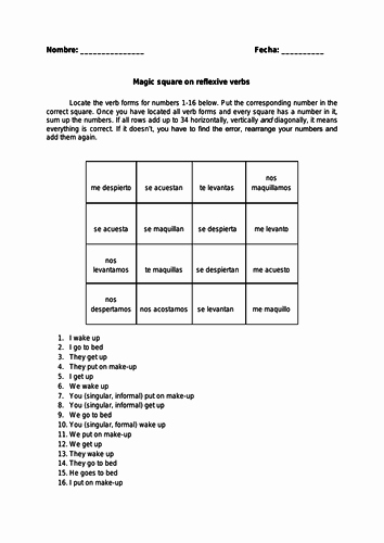Spanish Reflexive Verbs Worksheet Printable Unique Spanish Reflexive Verbs Conjugation Magic Square Fun