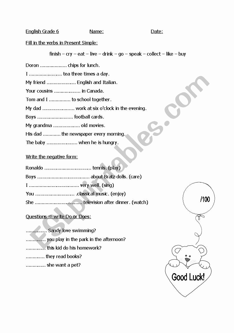 Tenses Worksheets for Grade 6 Inspirational 6th Grade Test Present Simple Esl Worksheet by Aimee S