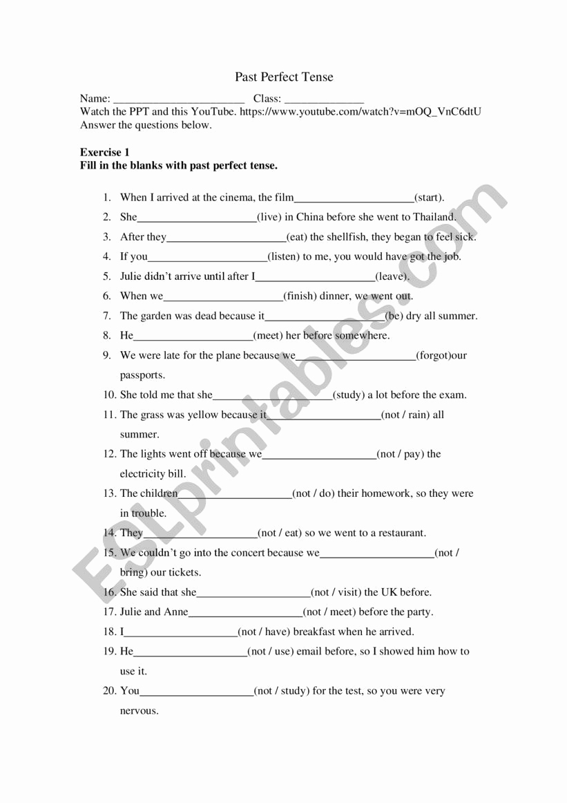 Tenses Worksheets for Grade 6 Unique Past Perfect Tense Worksheet Grade 6 Esl Worksheet by
