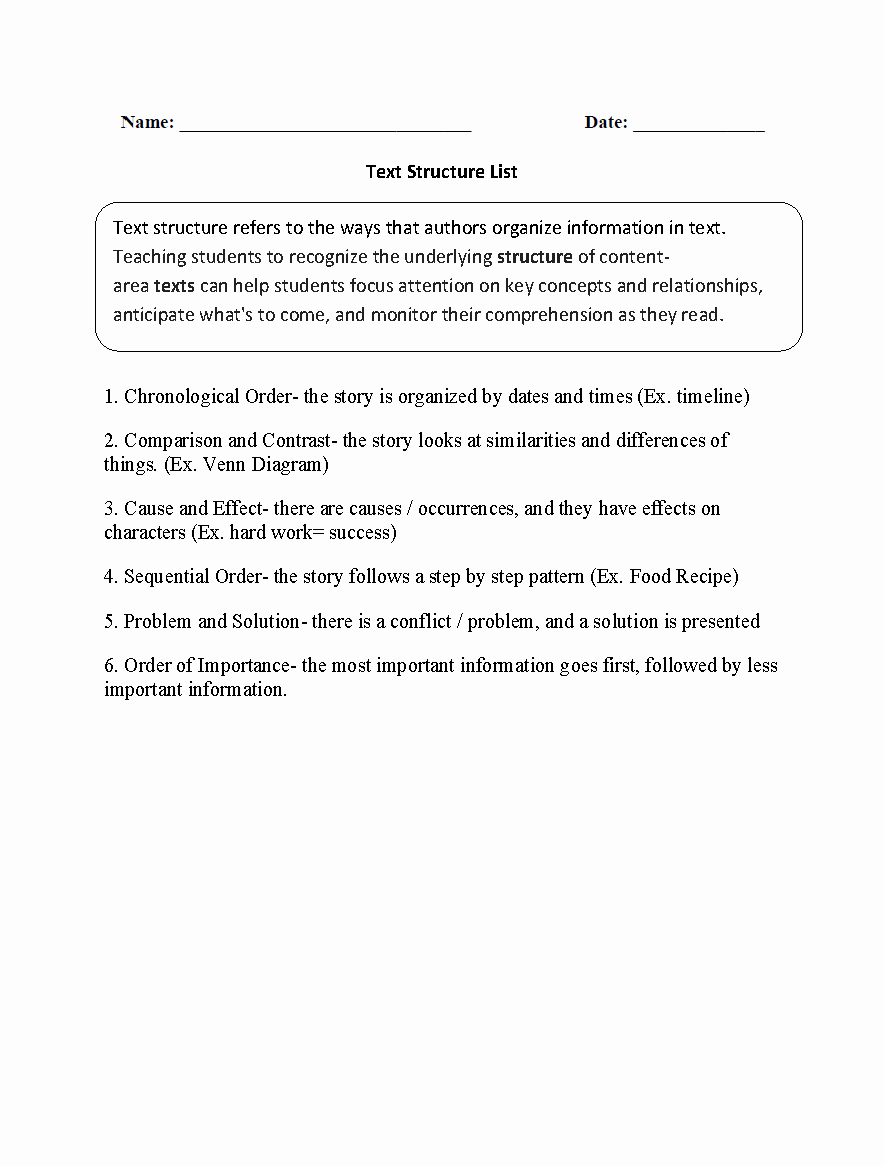 Text Structure Practice Worksheets Fresh Text Structure List Worksheets