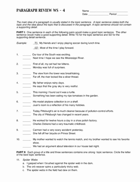Topic Sentence Worksheets 5th Grade Fresh Paragraph Review topic Sentences and Supporting Details