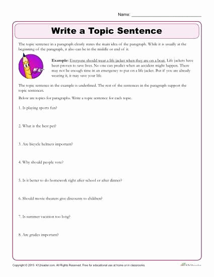 Topic Sentence Worksheets 5th Grade Luxury 20 topic Sentence Worksheets 5th Grade