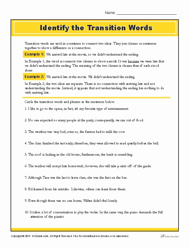 Transition Words Practice Worksheet Awesome Identify the Transition Words Printable Writing Worksheet