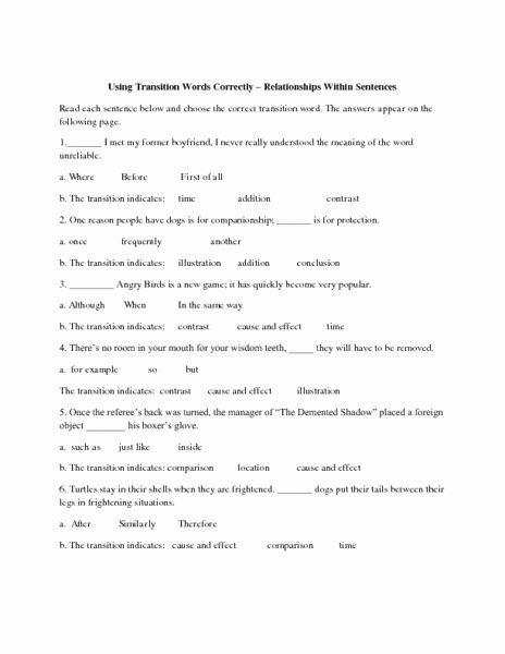 Transition Words Practice Worksheet Elegant Using Transition Words Correctly Relationships within