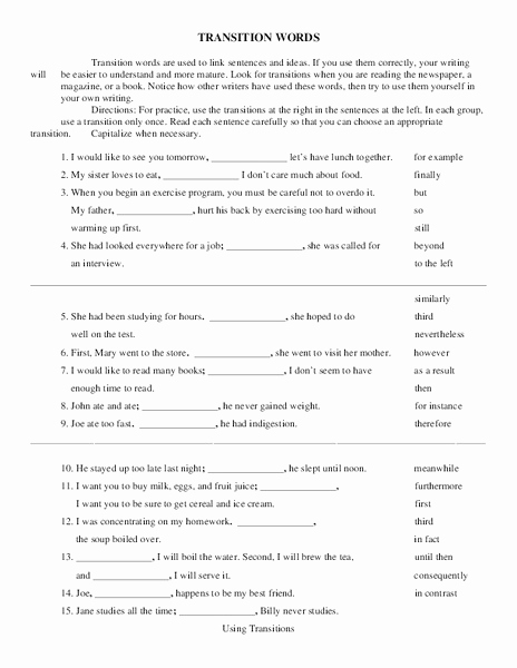 Transition Words Practice Worksheet Fresh Transition Words Worksheet for 6th 8th Grade