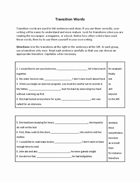 Transition Words Practice Worksheet Fresh Transition Words Worksheet for 6th 9th Grade